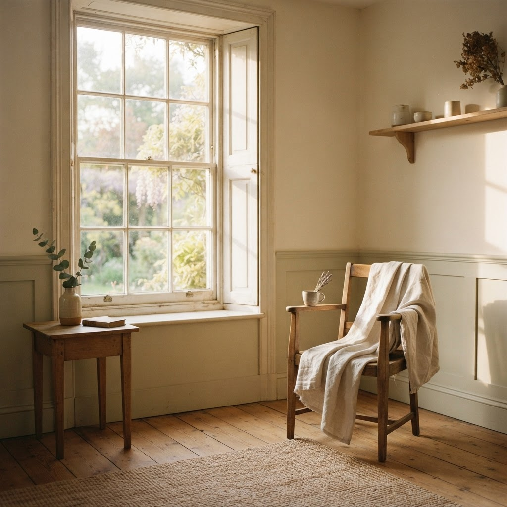 Warm morning light streaming through a window into a peaceful room